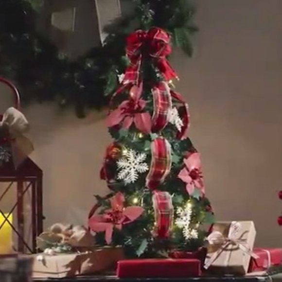 NEW  Barbara King 24" Illuminated Tabletop Pop-Up Tree RED PLAID - Picture 1 of 5